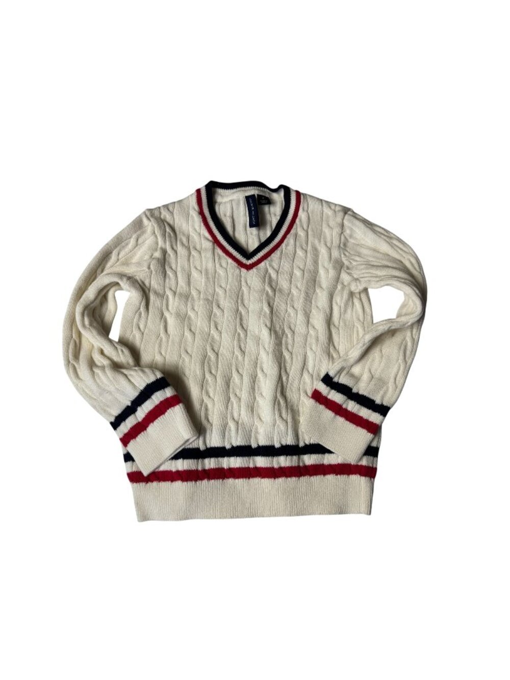 Janie And Jack Boys Cable Knit V-Neck Sweater Size 4T Cream Red Blue 100% Cotton